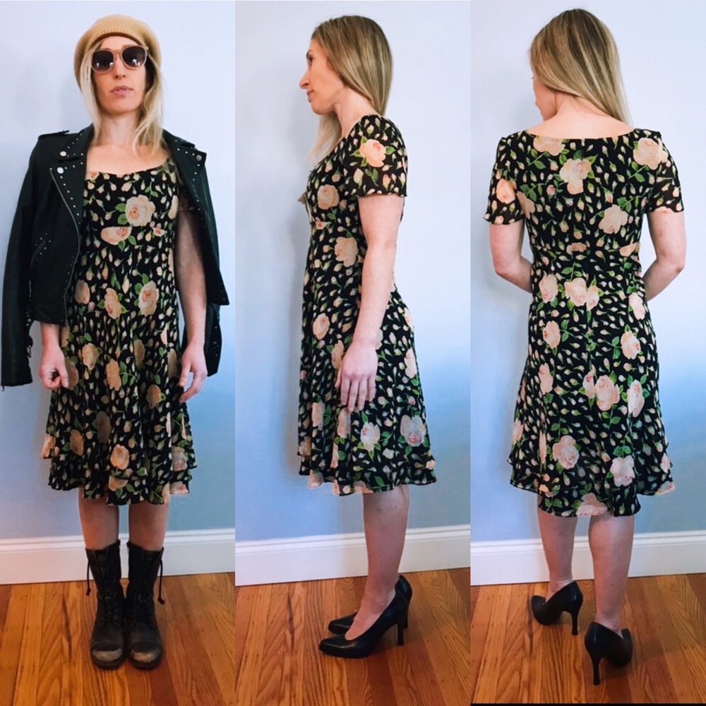 Kay Unger Silk Floral Vintage flare A-line midi derby dress 90s grunge babydoll